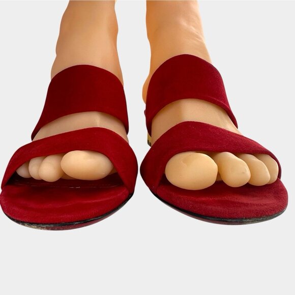 Salvatore Ferragamo Belluno Lipstick Suede Calf Flower Heel Slide Sandals US 4.5 - Picture 7 of 14